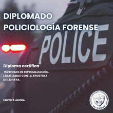 Cargar imagen en el visor de la galería, Portada del Diplomado en Policiología Forense del IDEF, con un vehículo policial y sus balizas encendidas